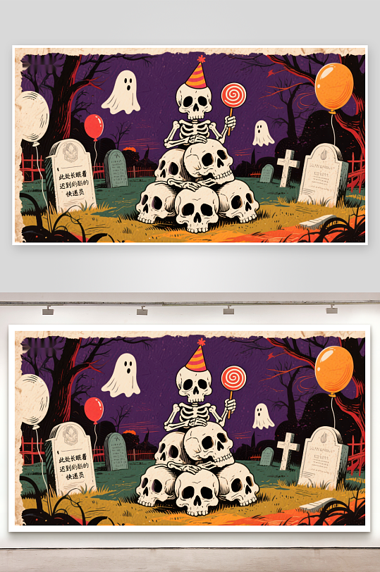 骷髅堆叠的万圣节墓地场景-众图网