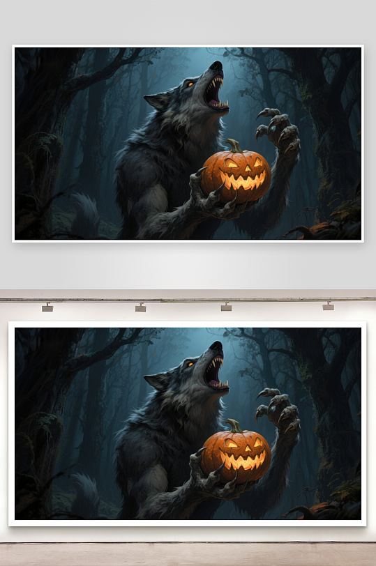 森林中的狼人手持南瓜灯-众图网