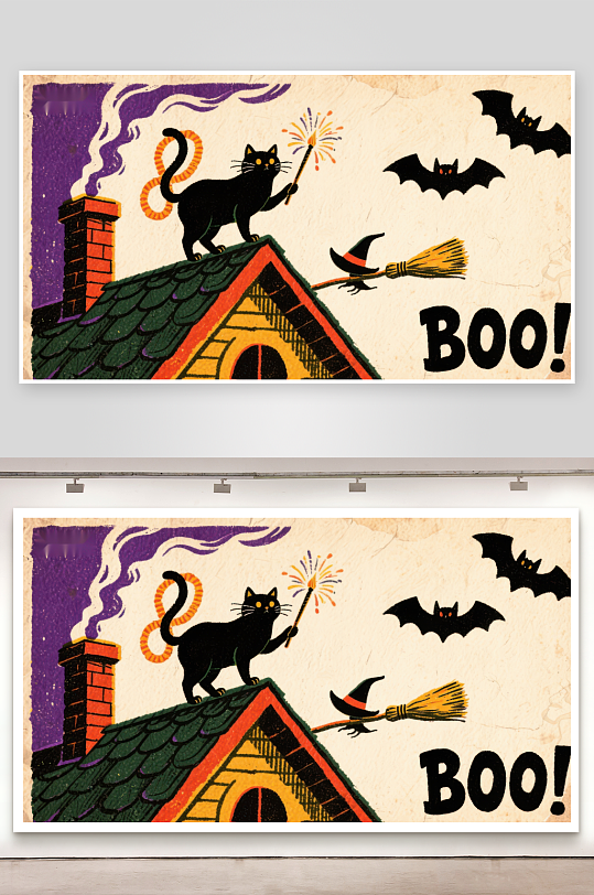 万圣节夜景黑猫与女巫-众图网