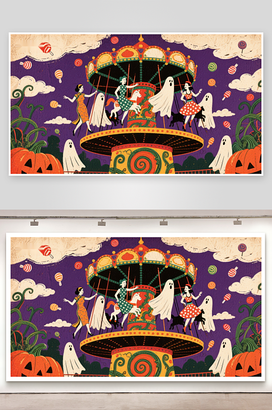 万圣节旋转木马上的幽灵与舞者-众图网