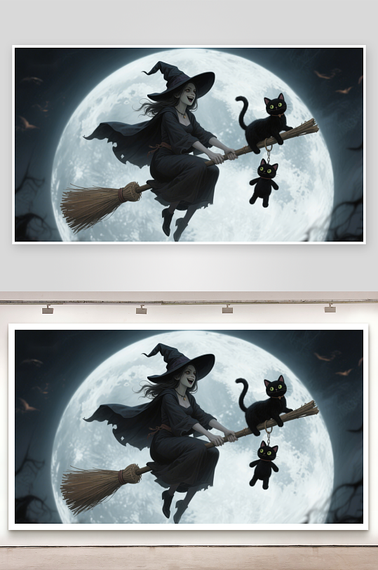 巫女骑扫帚黑猫相伴夜空飞-众图网