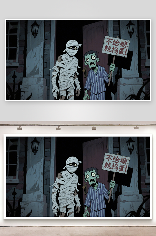 万圣节夜晚木乃伊与僵尸讨糖-众图网