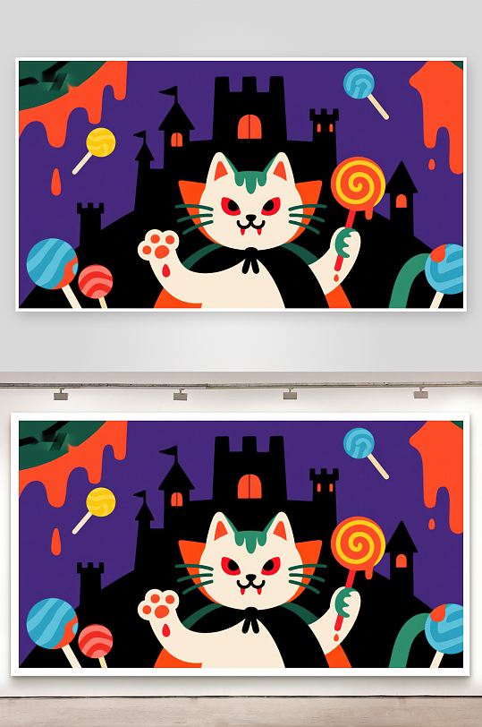 万圣节猫咪与糖果城堡-众图网