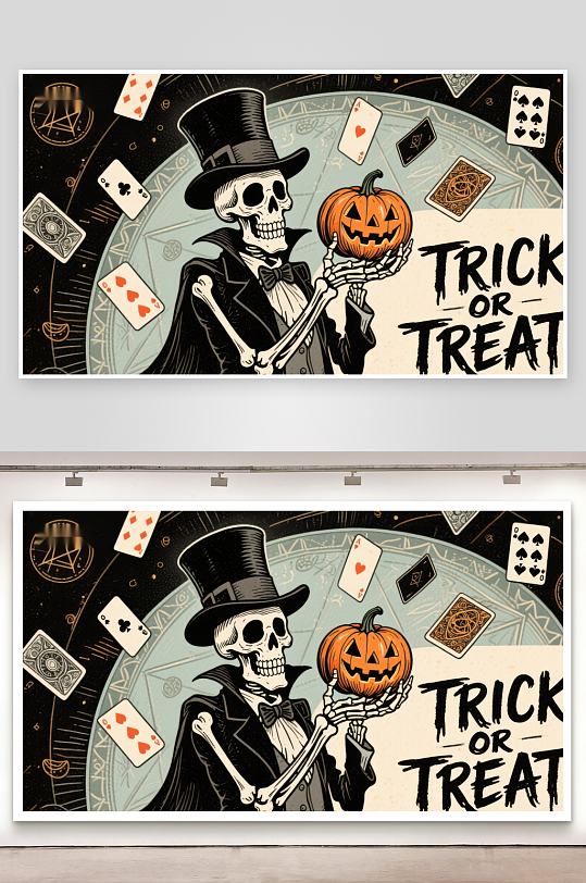 骷髅绅士手持南瓜灯扑克牌环绕-众图网