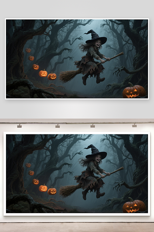 巫女骑扫帚穿越幽暗森林-众图网