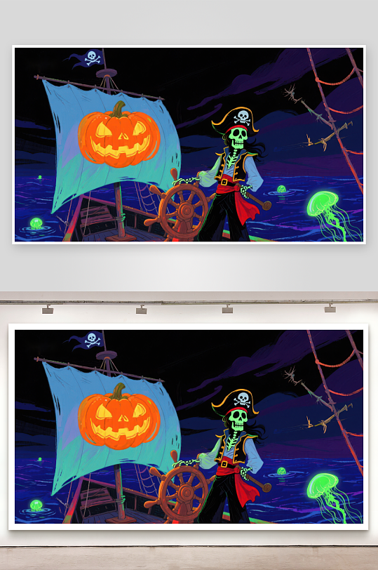 万圣节海盗船上的骷髅船长-众图网