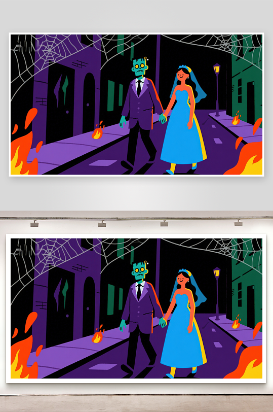 怪诞婚礼新娘与怪物携手漫步-众图网