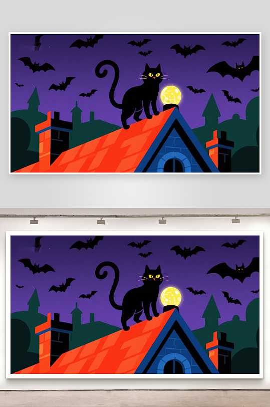 黑猫屋顶夜景满月与蝙蝠环绕-众图网