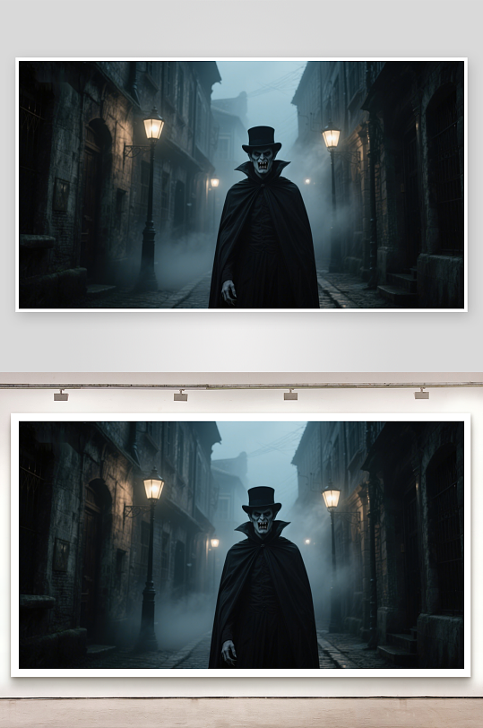 雾中神秘人物古老街道夜景-众图网