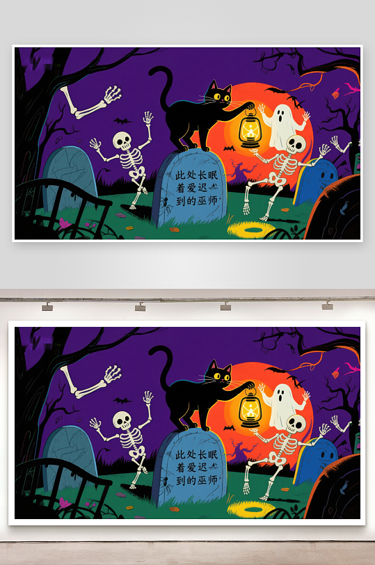 万圣节墓地场景骷髅幽灵与黑猫-众图网