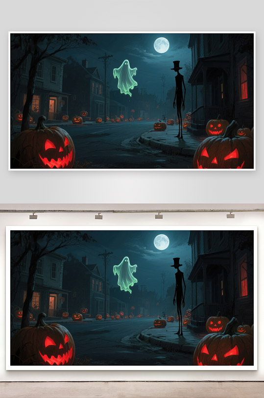 月夜幽灵与南瓜灯的神秘街道-众图网