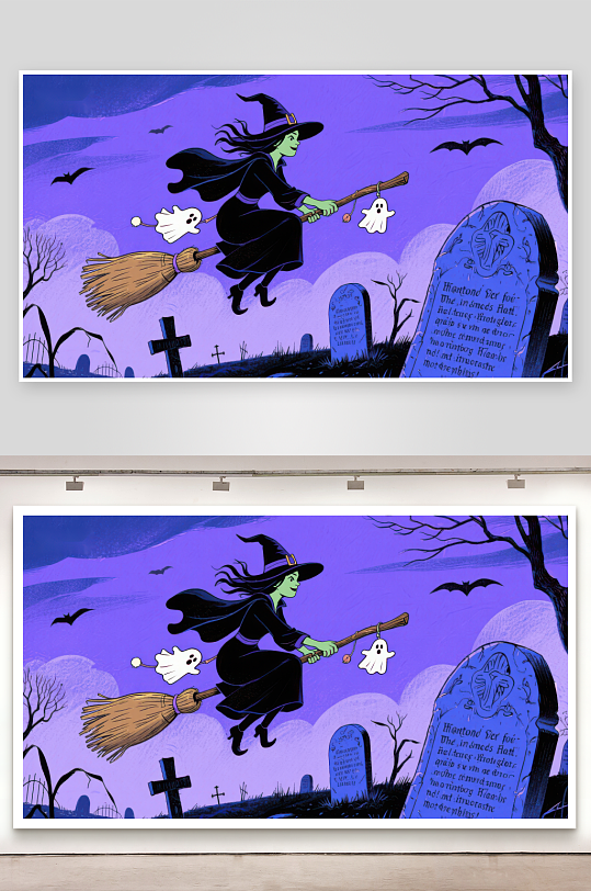 万圣夜女巫骑扫帚飞过墓地-众图网