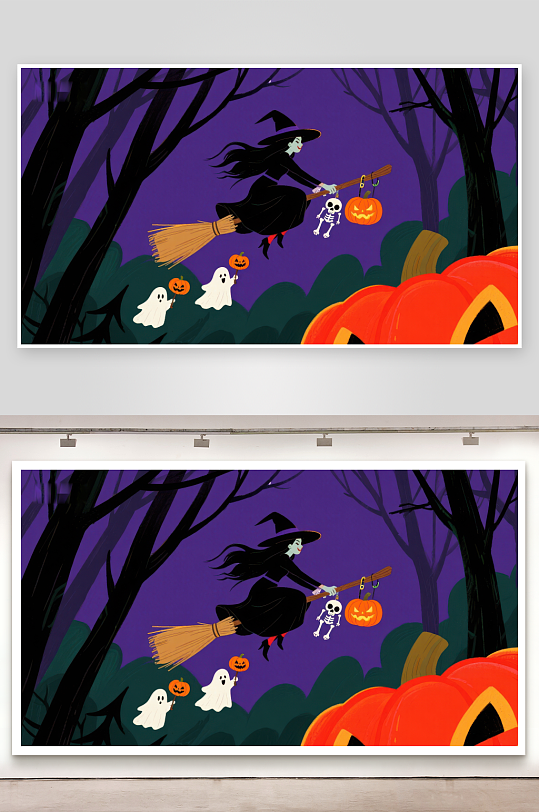 万圣夜巫女骑扫帚飞过森林-众图网