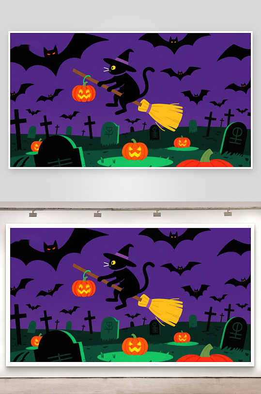 万圣节夜猫骑扫帚-众图网