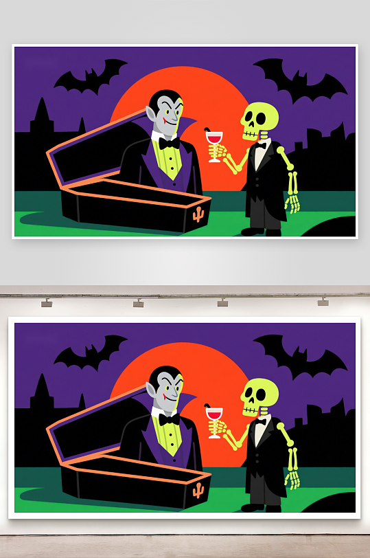 吸血鬼与骷髅共饮月夜下的幽默场景-众图网