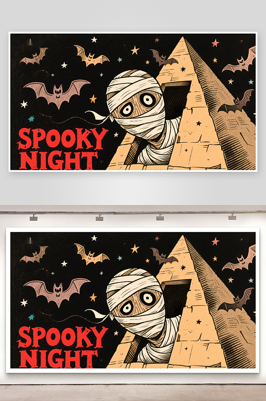 木乃伊从金字塔探出夜空蝙蝠飞舞-众图网