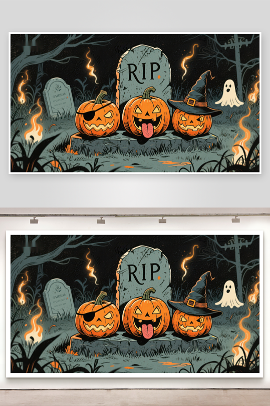 万圣节南瓜灯墓地夜景-众图网