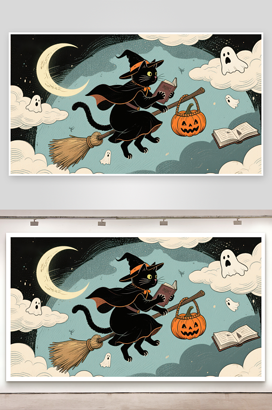 巫师黑猫夜空飞行-众图网