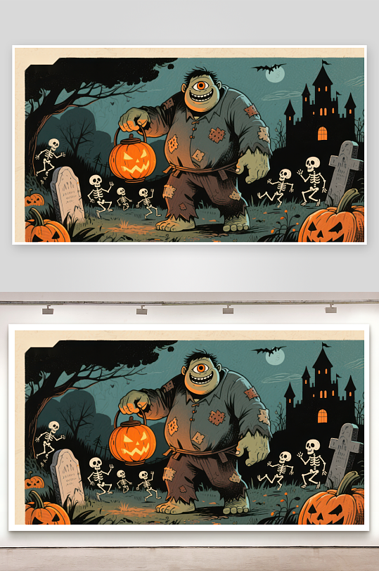 万圣夜怪兽提灯骷髅舞动墓园-众图网