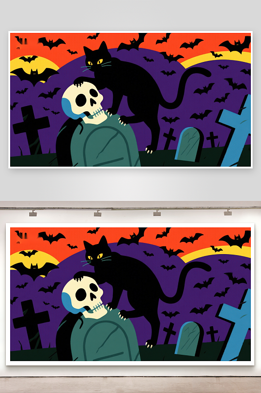 墓地黑猫与骷髅的夜景-众图网