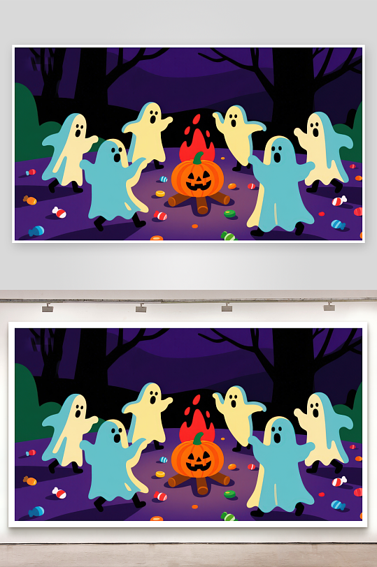 万圣节幽灵围绕南瓜庆祝-众图网