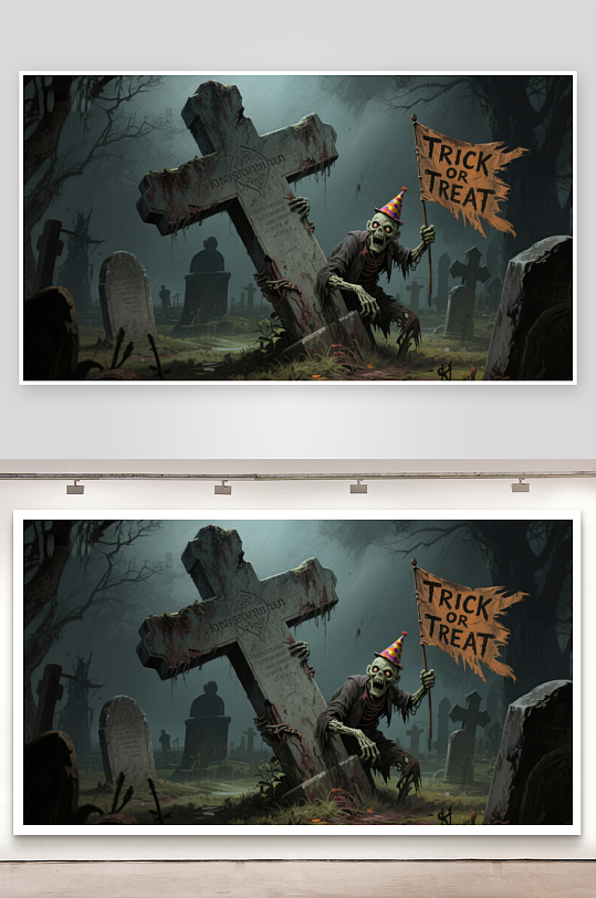 墓地骷髅手持不给糖就捣蛋旗帜-众图网