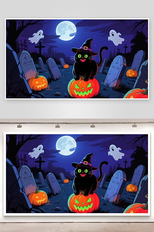 万圣夜墓地黑猫与南瓜灯-众图网