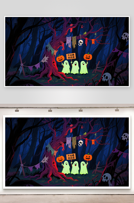 万圣节森林中的幽灵与南瓜灯-众图网