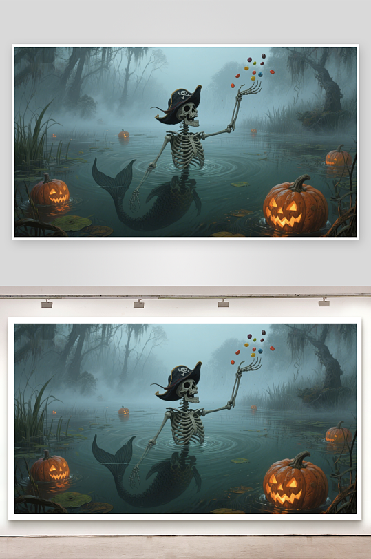 骷髅海盗手持气球漂浮于南瓜灯环绕的沼泽-众图网