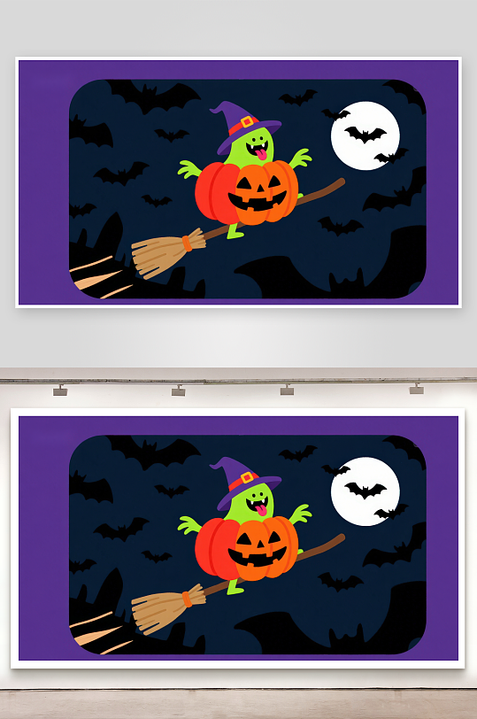 万圣节南瓜精灵骑扫帚-众图网