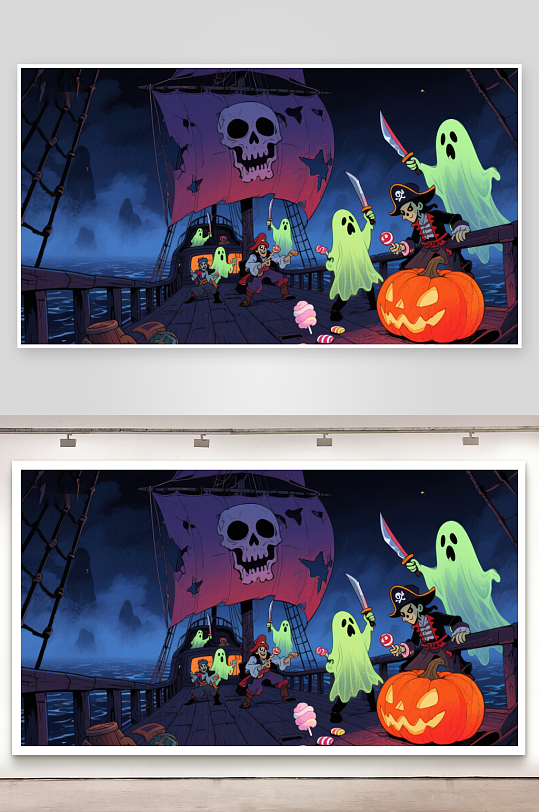 万圣节海盗船上的幽灵与糖果-众图网