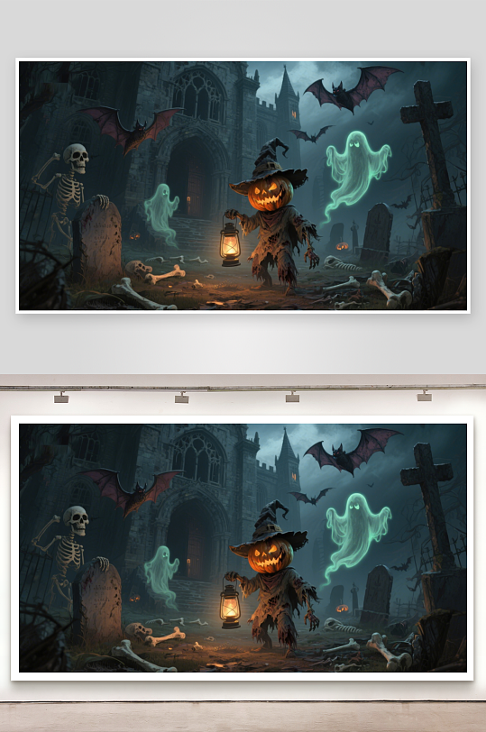 万圣夜墓地幽灵与南瓜灯-众图网