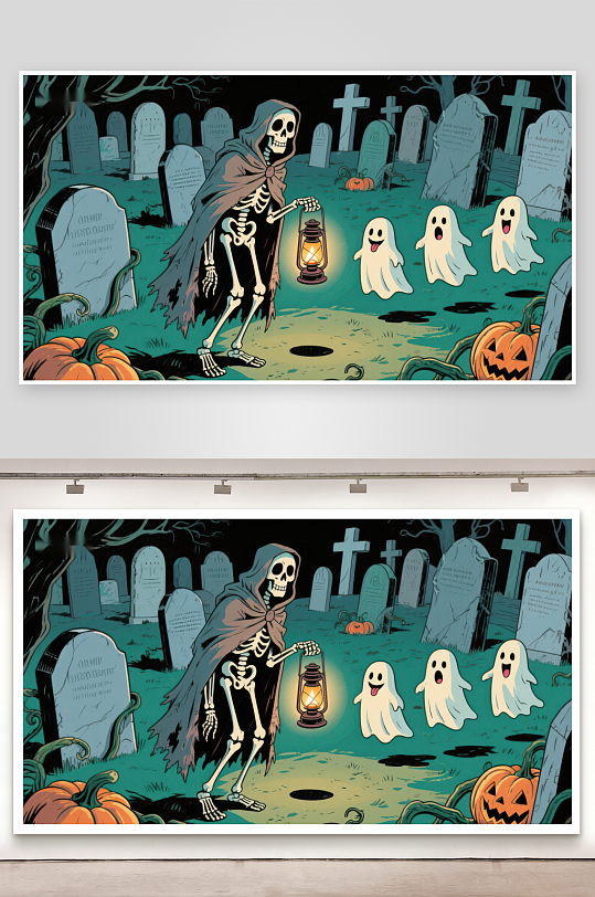骷髅提灯夜游墓地幽灵相伴-众图网