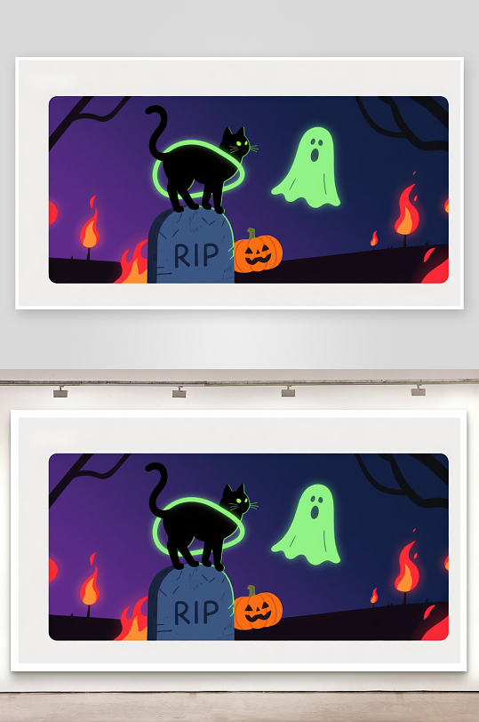 万圣夜墓碑上的黑猫与幽灵-众图网