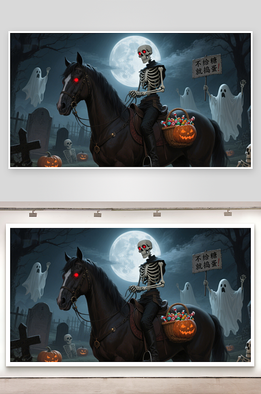 骷髅骑马夜游墓地万圣节氛围浓厚-众图网