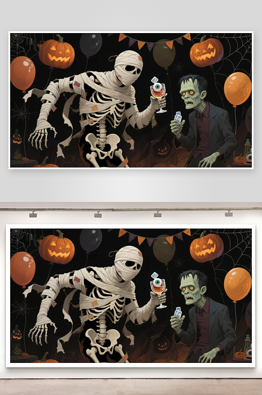 万圣节派对上的木乃伊与僵尸-众图网