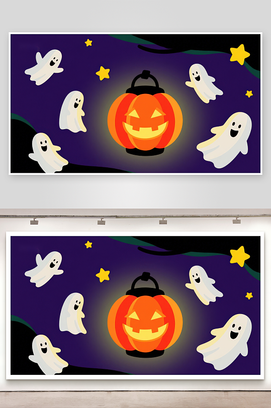 万圣节南瓜灯与幽灵的夜空场景-众图网
