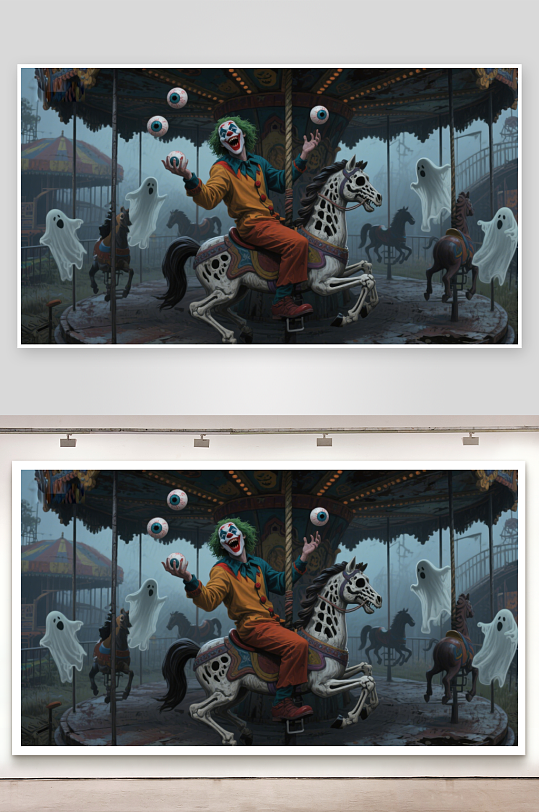 小丑骑乘骷髅马鬼魂环绕的旋转木马-众图网