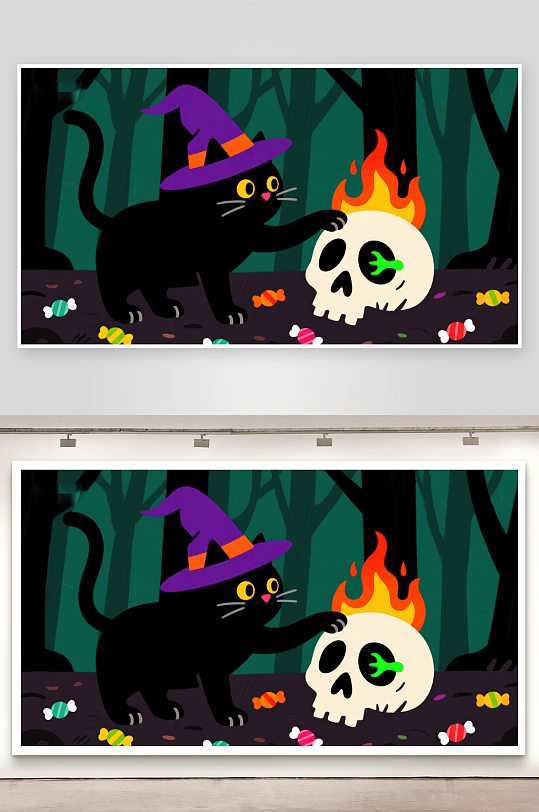 黑猫与燃烧骷髅的万圣夜-众图网