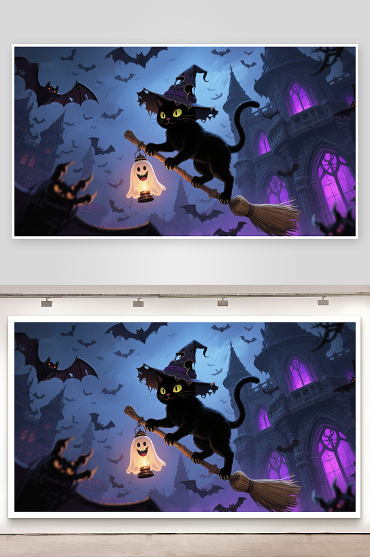 黑猫骑扫帚夜空飞行-众图网