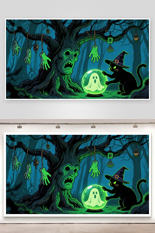 幽灵树下的巫猫与魔法球-众图网