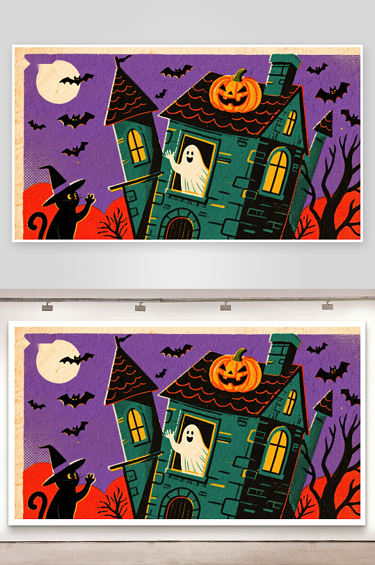 万圣节幽灵屋夜景插画-众图网