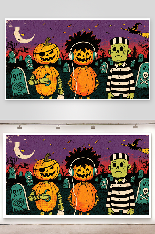 万圣节夜的南瓜与僵尸-众图网