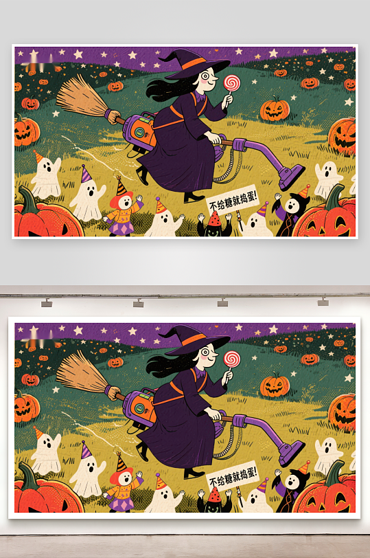 万圣节女巫骑扫帚吸糖果-众图网