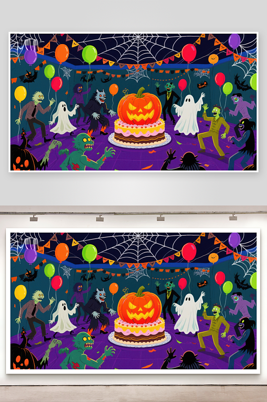 万圣节派对场景鬼怪围绕南瓜蛋糕-众图网