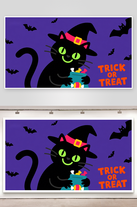 万圣节黑猫手持糖果罐-众图网