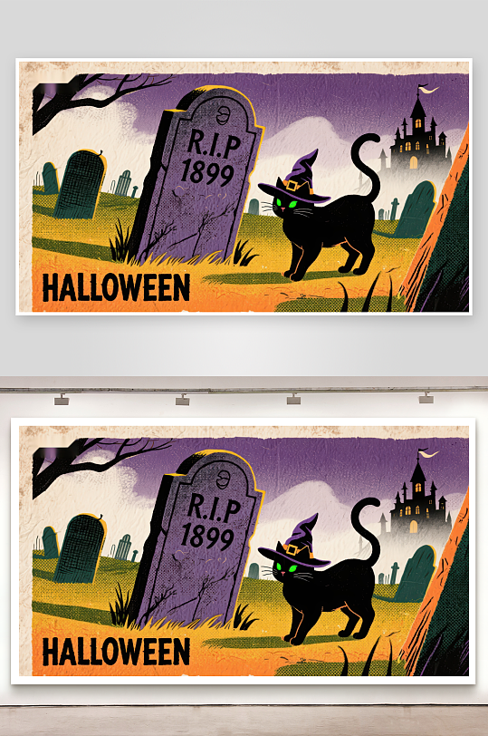 万圣节墓地黑猫插画-众图网