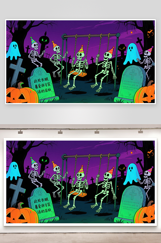 万圣节墓地骷髅欢乐场景-众图网