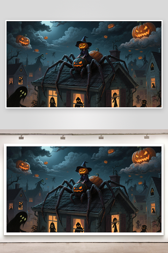 万圣夜屋顶上的南瓜蜘蛛-众图网