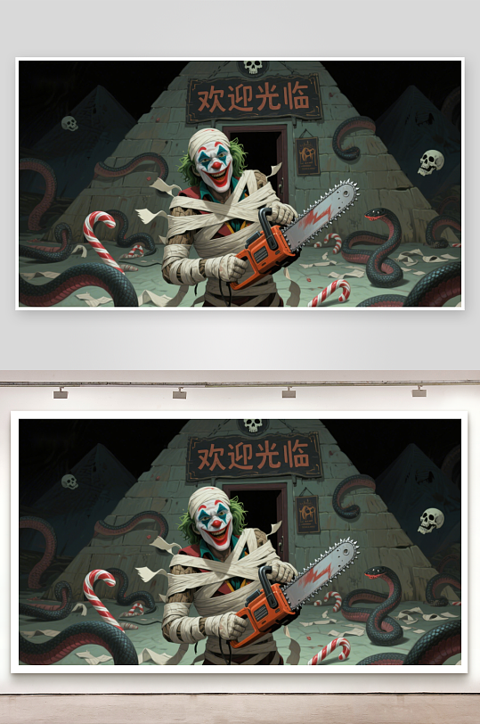 小丑缠绕绷带手持电锯门前蛇影环绕-众图网